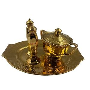 Vintage 22 Karat Gold Serving Tray Lid Dish Salt Pepper Shakers GLAM MidCentury